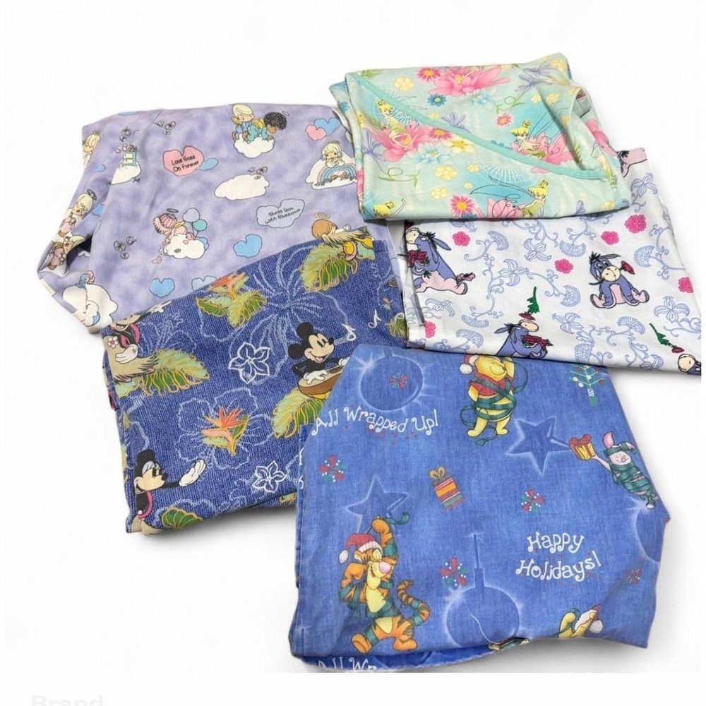 Disney Scrub Tops Lot 5 Women L Mickey Tinker Bell Eeyore Pooh Precious Moments